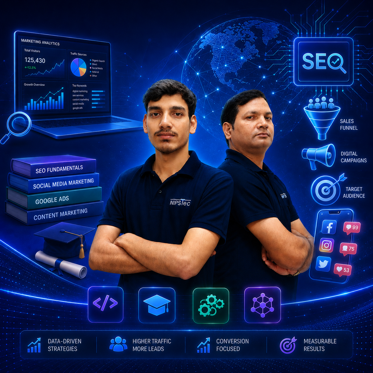 NIPSTec Digital Marketing trainers with SEO, Social Media and AI marketing icons