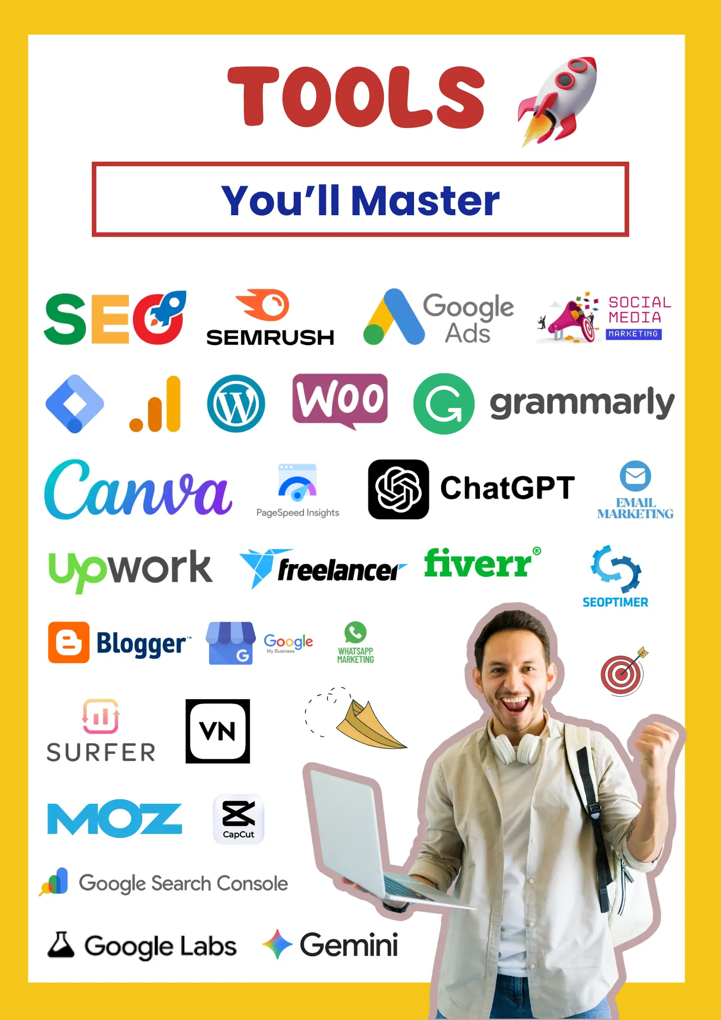Tools to master: SEMrush, Ahrefs, Canva, Google Ads, Meta Ads, GA4 and more